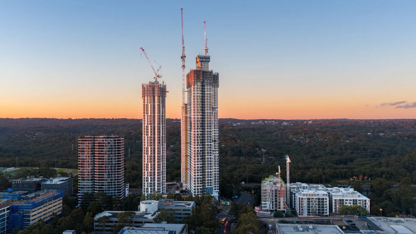Residential towers under construction at sunset in Chatswood, Sydney