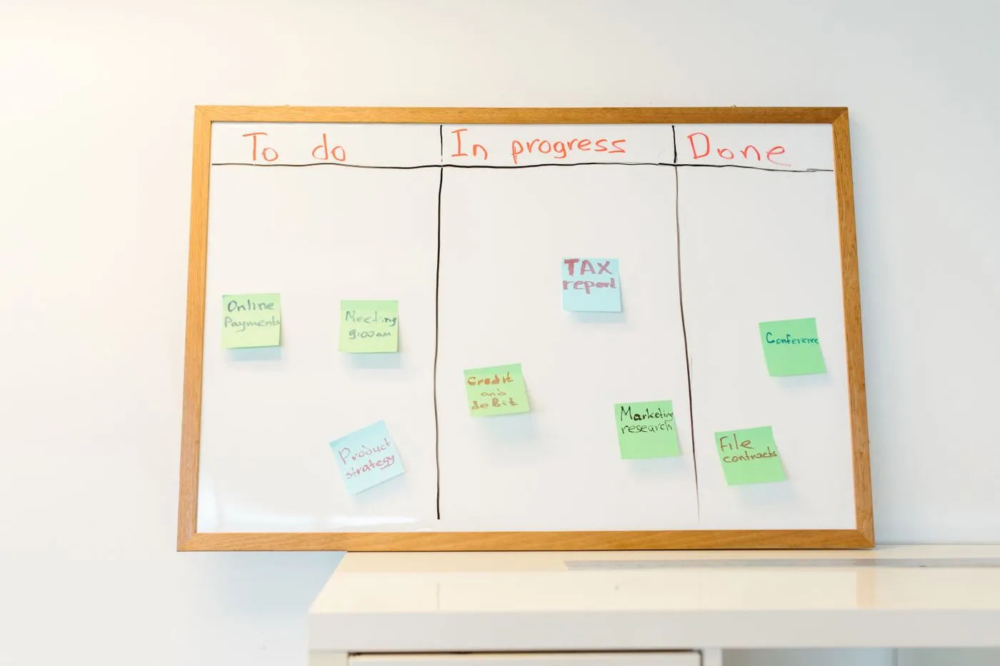 Planning board with tasks sorted into to-do, in progress and done
