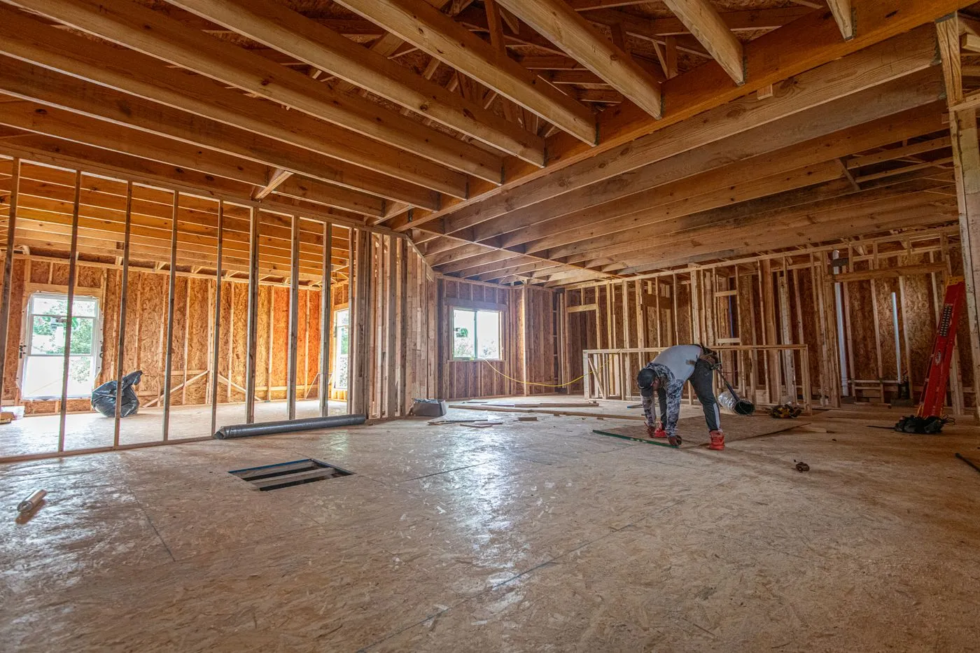 Interior framing of a new home under construction in The Colony, Texas