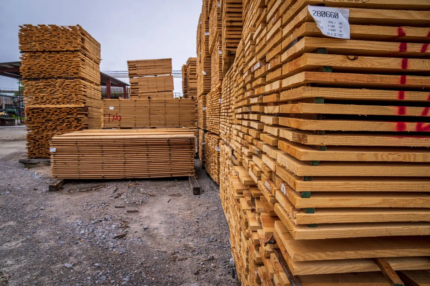 Stacks of framing lumber in a materials yard